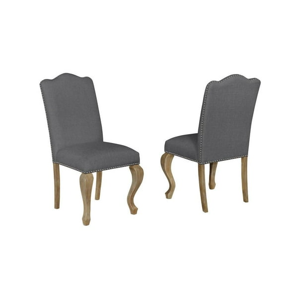 Rustic Oak Wood Dining Chairs Upholstered in Gray Linen Fabric (Set of 2)