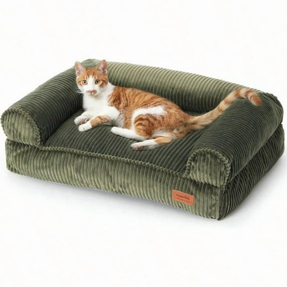 Dog Couch Bed Corduroy Cozy Cat Bed for Indoor Cats with Washable Cover portive Waterproof Dog Beds Sofa for Small Dogs and Large Cats Cute 28inch Medium Green