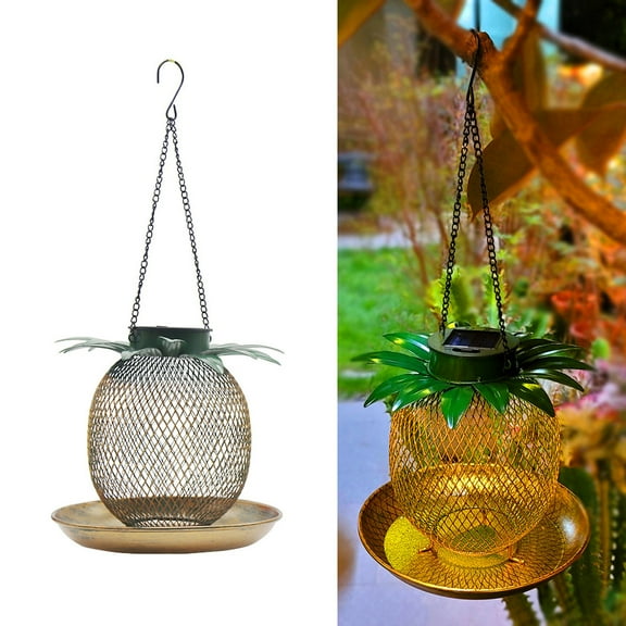 Solar Pineapple Shape Bird Feeder with LED Weather Resistance Hanging Design Metal Bird Food Container Outdoors Hanging Garden Yard Backyard Terrace Decoration