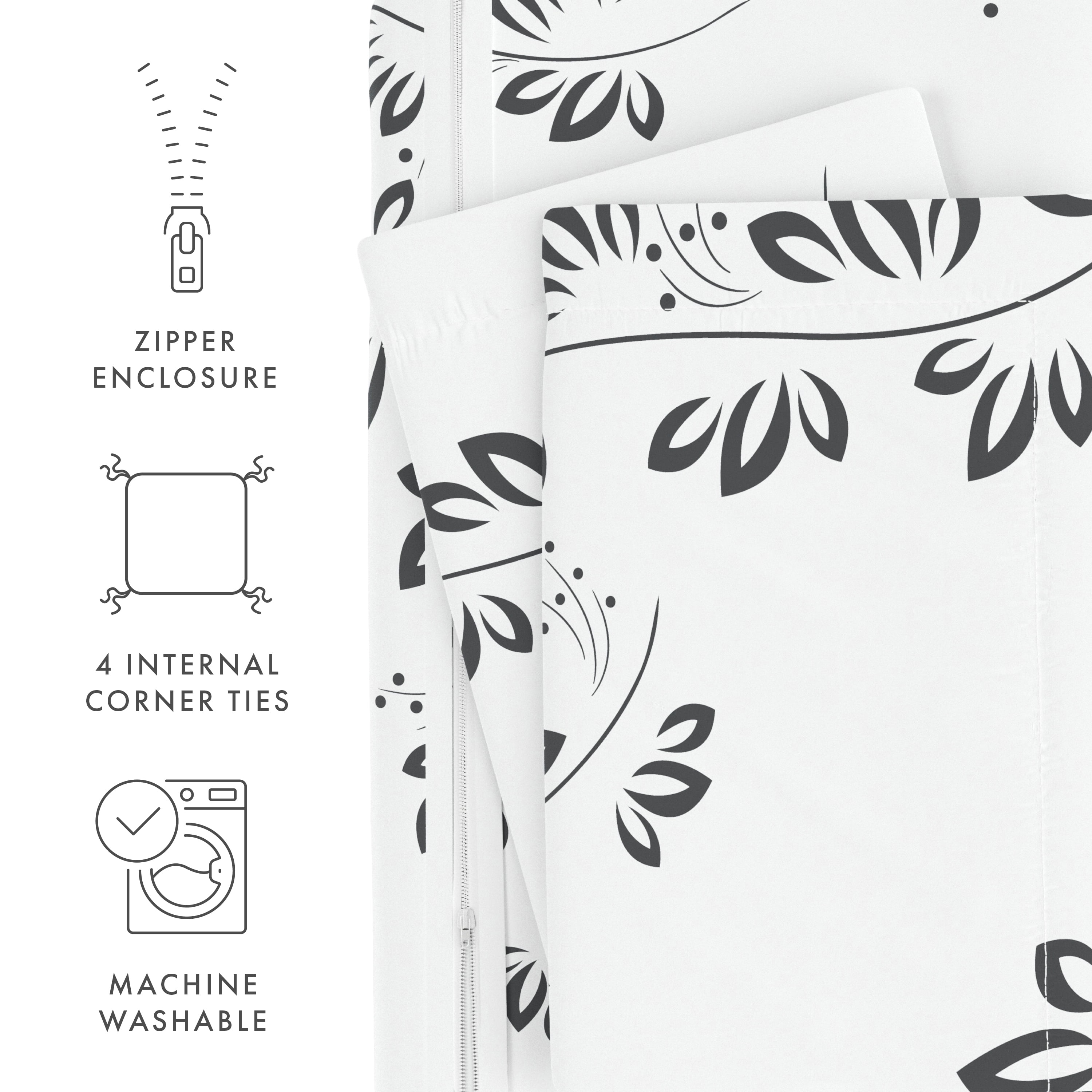 Noble Linens Gray Simple Vine Print 2-Piece Duvet Cover Set, Twin/TwinXL