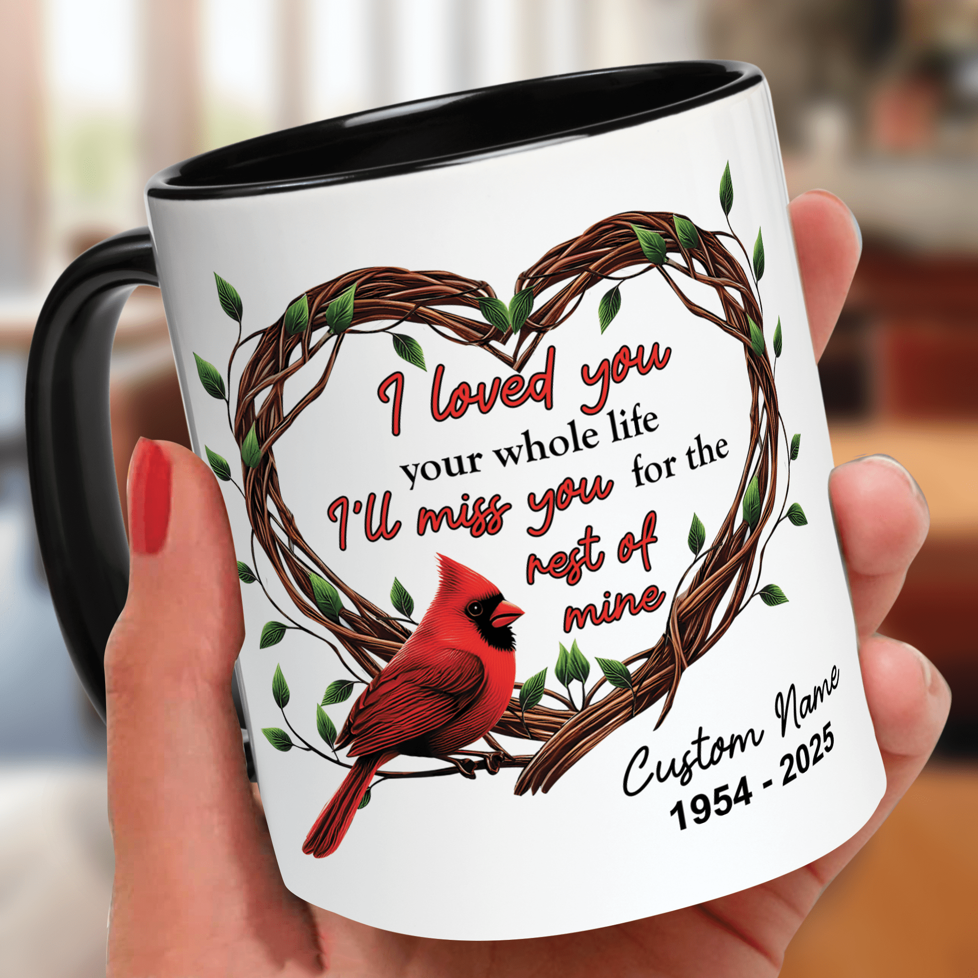 Lotusprinthandmade Personalized Cardinal Memorial Black Accent Mug (11oz) (Made In US), cardinal memorial coffee cup, cardinal mug