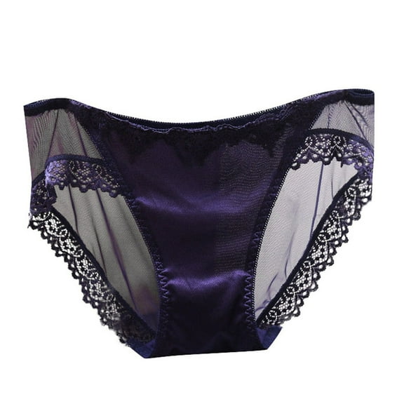 Satin Fashion Women's Mesh Transparent Lace Mid Low Waist Traceless Triangle Panties for Everyday Comfort and Fit Blue L
