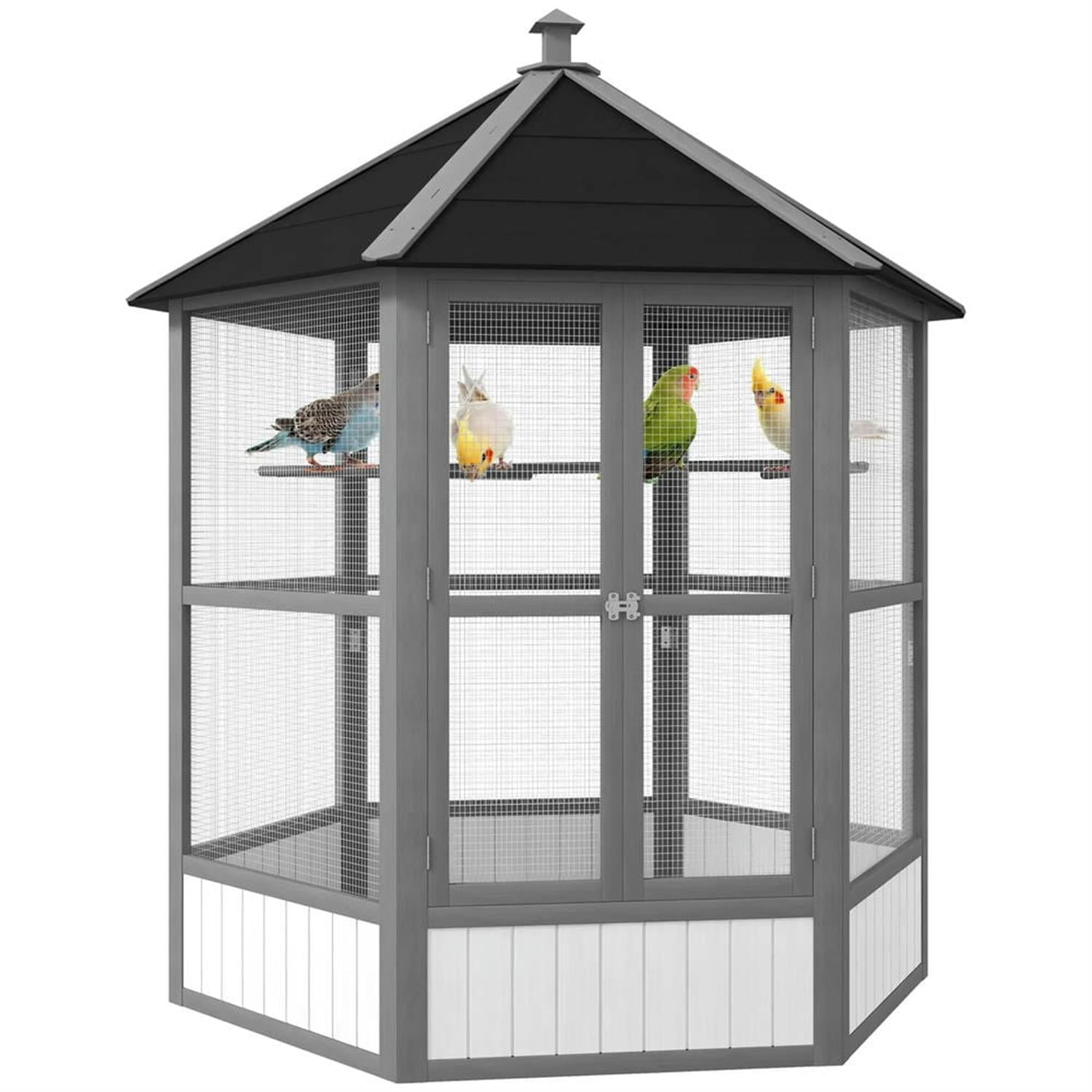 Demi Bonn 69" Height Wooden Outdoor Flight Bird Cage Aviary with Covered Roof for Parrots Conures Lovebird Cockatiel Parakeets, Gray