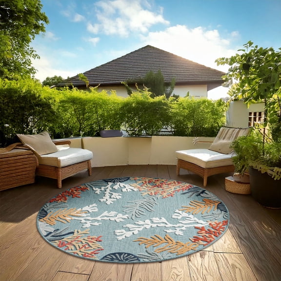Laddha Home Designs 5.25' Coral Bordered Outdoor Area Throw Rug - Multicolor