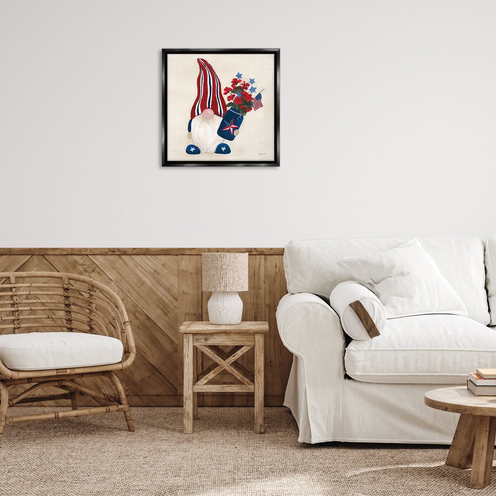 Stupell Industries Patriotic Gnome & Flowers Patriotic Painting Black Floater Framed Canvas Art Print Wall Art, 25 x 25