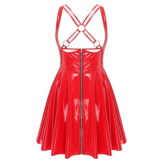 YIZYIF Womens A-line Mini Dress Patent Leather O-Ring Rivet Slip Dress  Latex Wet Look Dress Red 5XL - Walmart.com