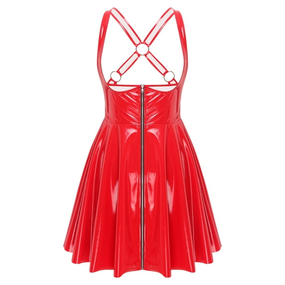 YiZYiF Womens Latex Leather Sleeveless Mini Dresses Wet Look Glossy A-line Club Dress for Halloween Red M