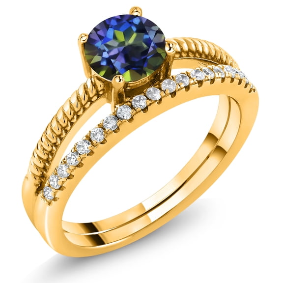 Gem Stone King 18K Yellow Gold Plated Silver Blue Mystic Topaz Engagement Engagement Ring for Women (1.19 Cttw, Gemstone November Birthstone, Round 6MM, Size 7)