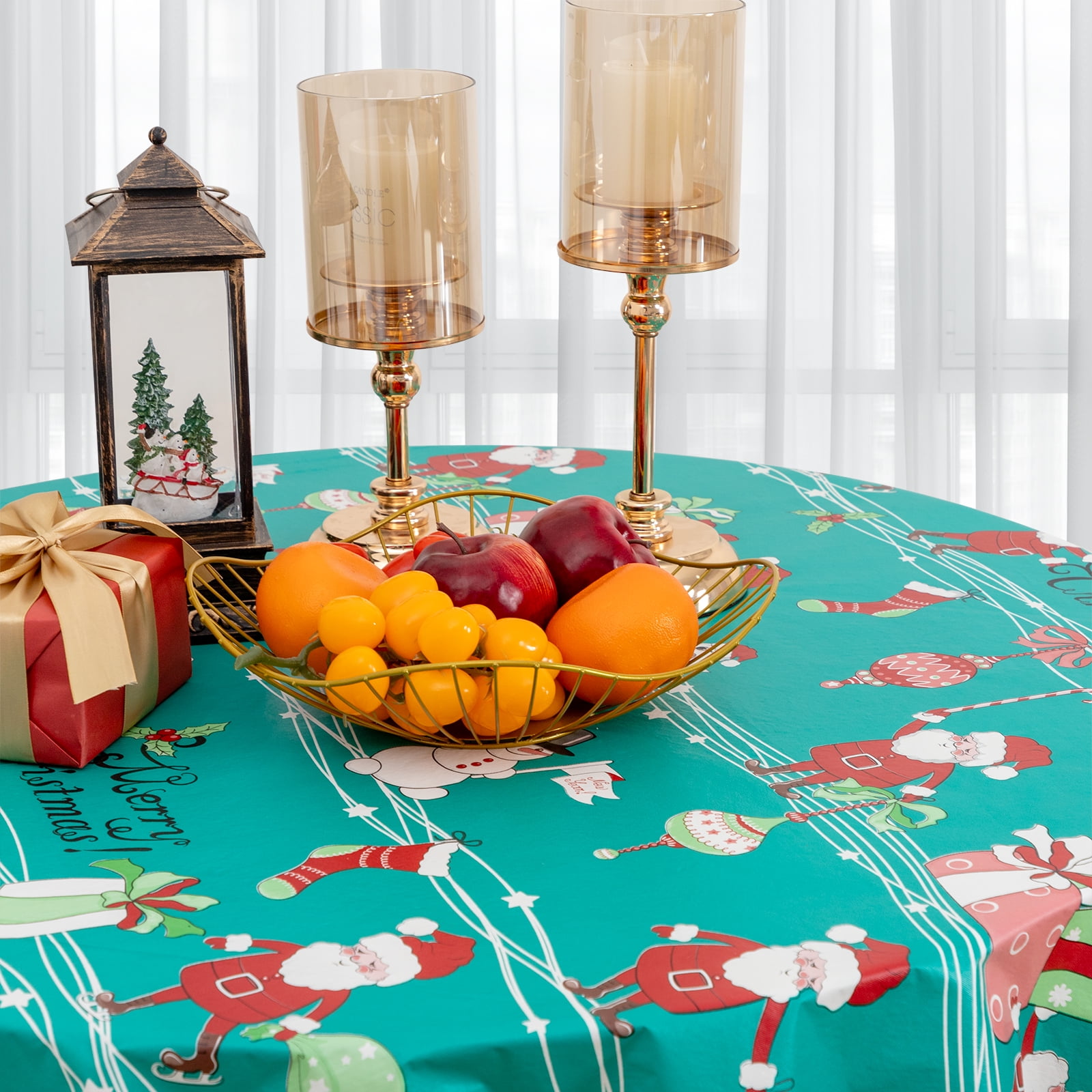 RAY STAR Round Christmas Tablecloth 60 inch Rectangle Xmas Tablecloth Waterproof Vinyl Tablecloth with Flannel Backing