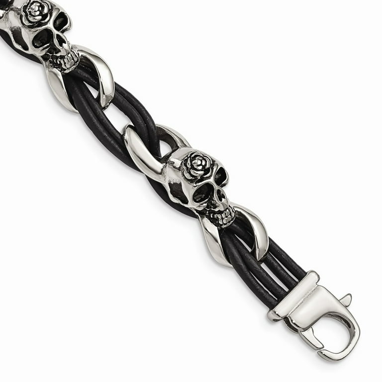 Black Leather Bracelet with Antiqued Metal- Men's Bracelet