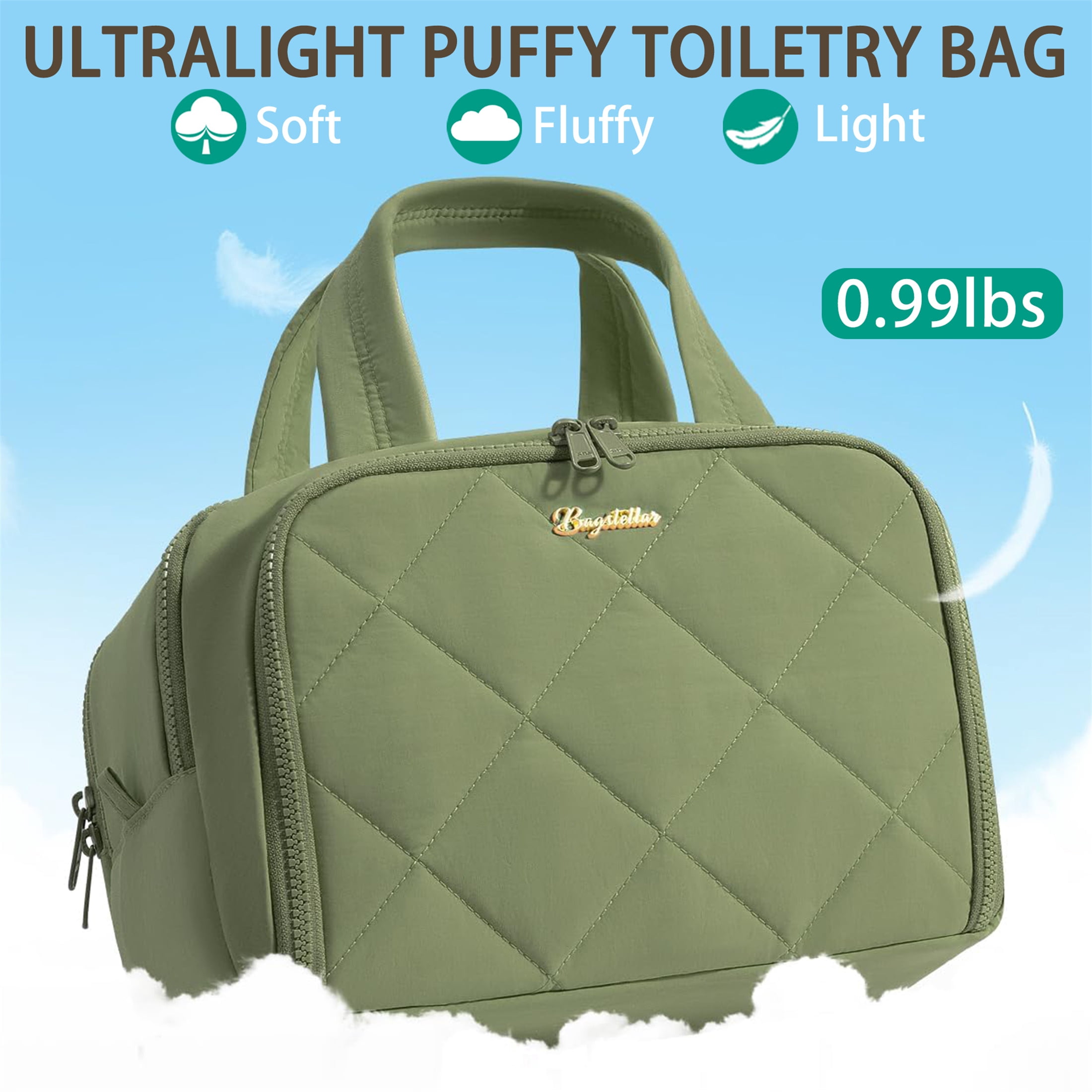 Puffy Travel Toiletry Bag for Women, Wide-Open Cosmetic Makeup Bag Organizer with Handle, Lightweight Quilted Travel Bag for Accessories, Essentials, Toiletries, Green