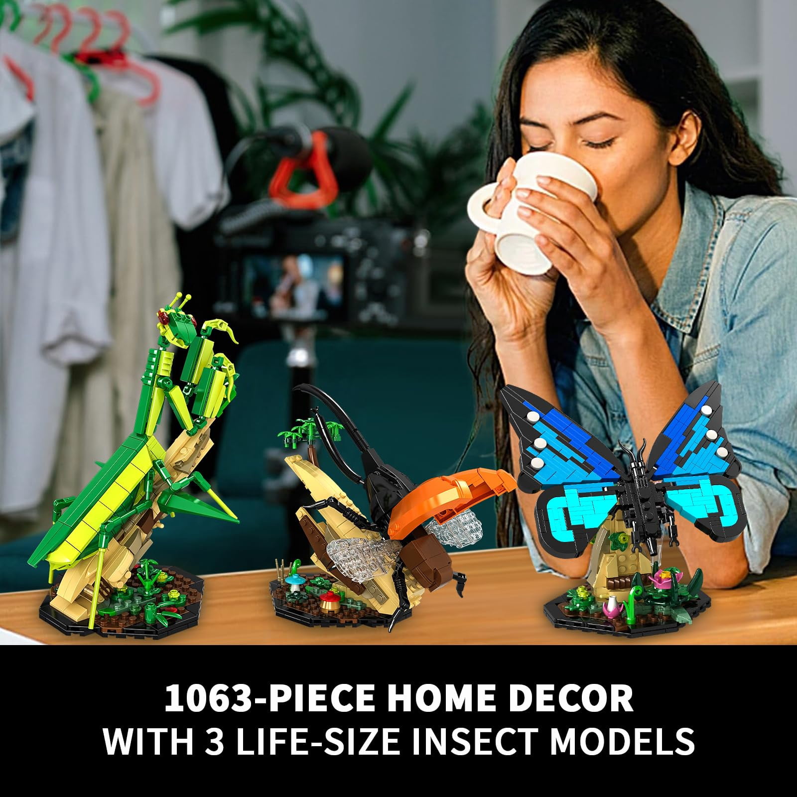 WIDELANDInsect Collection Building Toy Set, with Life-Size Blue Butterfly Compatible with Lego, Mantis and Beetle Display Models, Bug Building Office Home Decorative, Gifts Ideal for Adults Ki