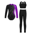 thumbnail image 2 of Miutii Kids 3 Pieces Gymnastics Outfit Girls Long Sleeve Dance Leotard with Crop Tank Tops and Leggings Pants Set Purple 8, 2 of 4