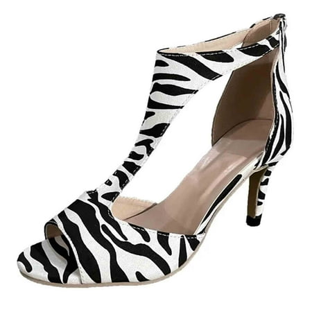 CHOII 50% Clearance Women Fashion Back Zipper Heel Shoes Sandals Summer Comfortable Walking Shoes Ventilated Thong Sandals Ankle Strap Sandals Comfort Sandals Zebra/9.5