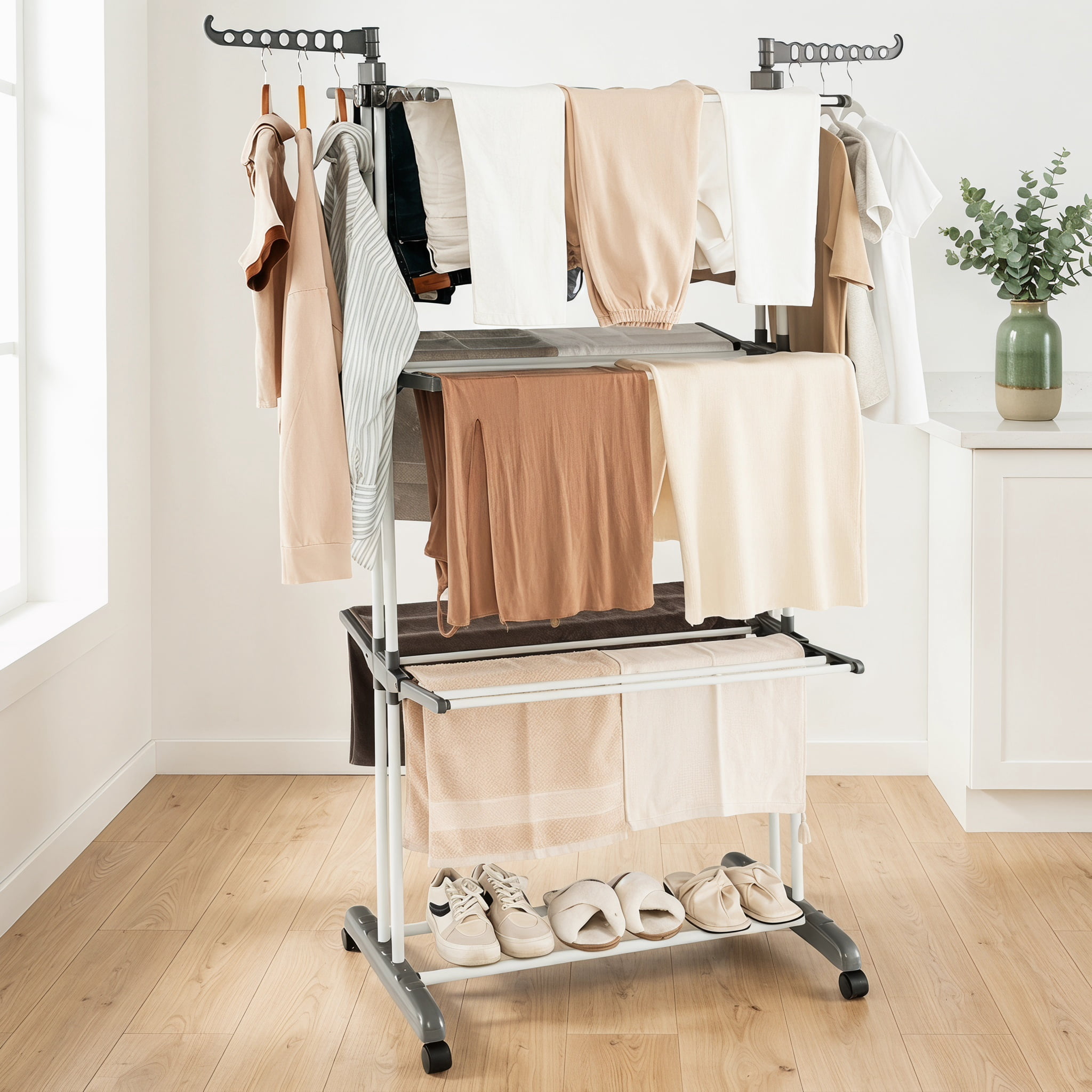 Kadyn Garment Rack,Clothes Drying Rack, Drying Shelf, Drying Stand,4-tier Clothes Drying Rack with Rotatable Side Wings and Collapsible Shelves-Gray