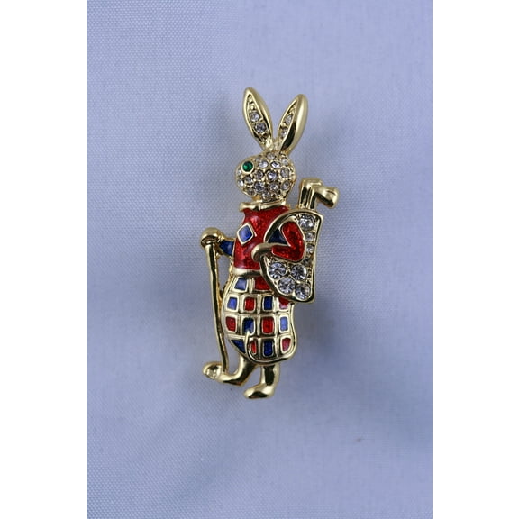 Rhinestone Enamel Easter Bunny Rabbit Golf Brooch Pin