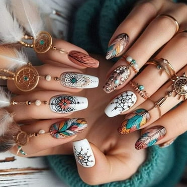 Aurgiarme Elegant Almond Nails Press Ons with Colorful Floral Patterns 24pcs Artificial Nails Full Covers Stick on Nails