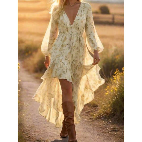 White Vintage Bohemian V-Neck Long Sleeve High-Low Ruffle Hem Dress