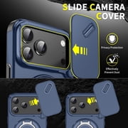 TJS for iPhone 17 Pro Max Phone Case, Privacy Camera Dual Layer Magnetic Ring Rotating Stand Protective Cover (Blue)