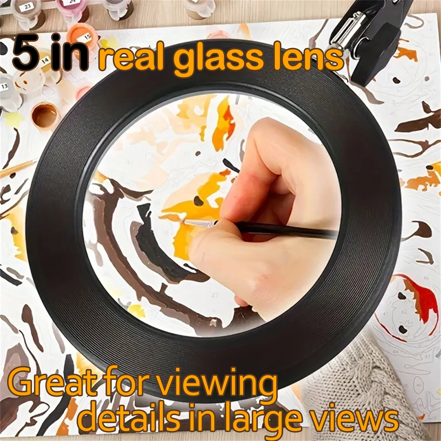 LED Magnifying Desk Lamp with Clamp, 5 Inch Real Glass Lens, 3 Color Modes Stepless Dimmable, 2-in-1 Stand & Clamp Mount, Hands Free for Close Work, Crafts & Hobby