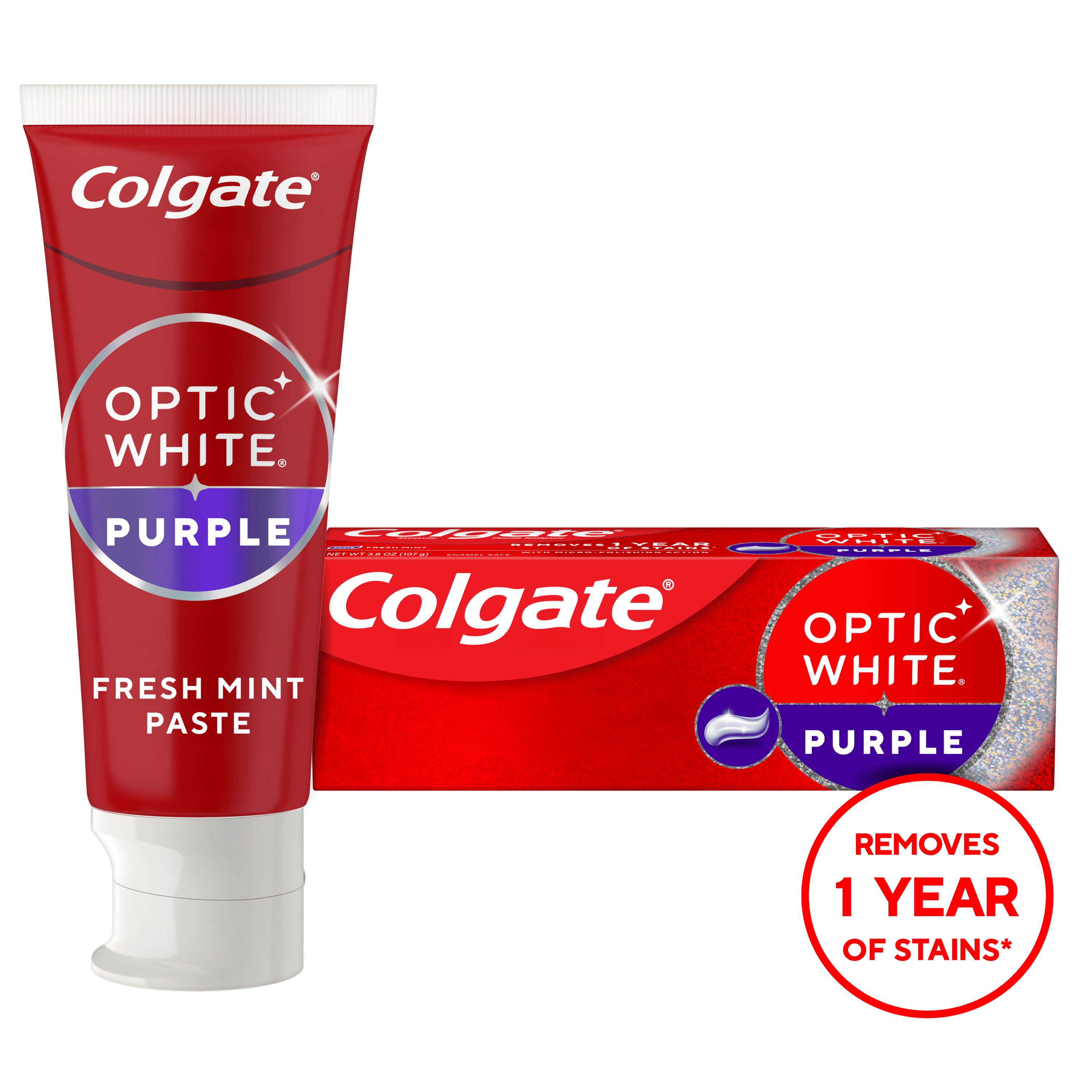 (2 pack) Colgate Optic White Purple Teeth Whitening Toothpaste with Fluoride, Fresh Mint Flavor, 3.8 oz