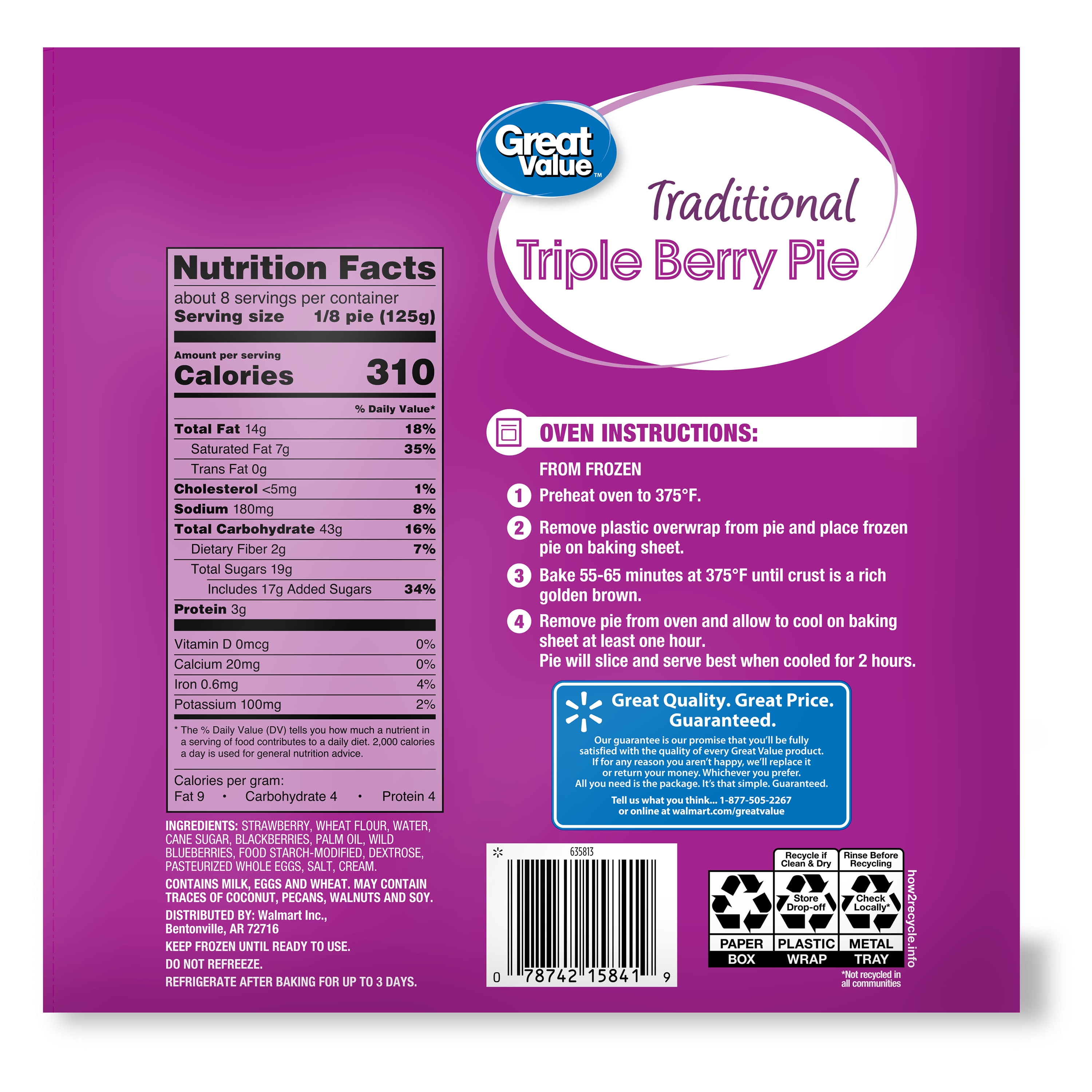 Great Value Traditional Triple Berry Pie, 34 oz (Frozen)