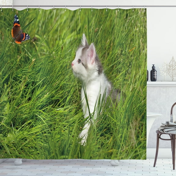 Ambesonne Nature Shower Curtain, Cat and Butterfly, 69"Wx84"L, Fern Green White Grey