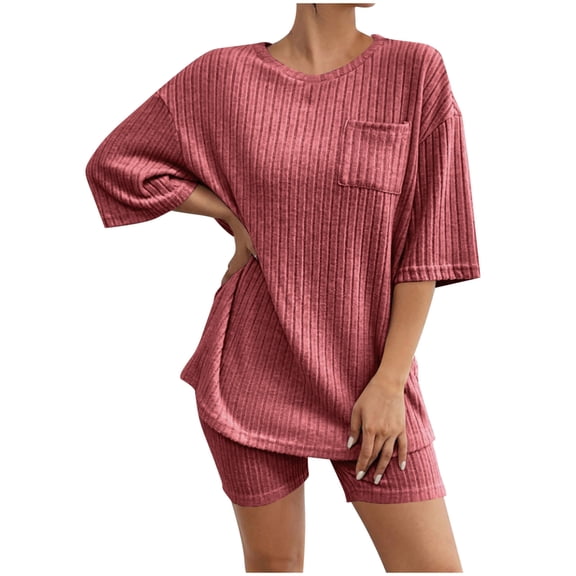 FAIWAD Pajamas for Women Set Ribbed Knit 2 Piece Outfits 3/4 Sleeve Tops with Shorts Sleepwear Loungewear