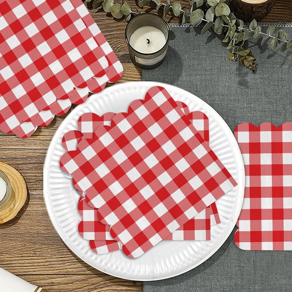 25 PCS Gingham Paper Napkins,6.5 Inch Red and White Paper Napkins,Dessert Disposable Napkins,Disposable Scalloped Napkins for Adult & Bridal Shower,Wedding,Birthday,Picnic,Party (Red)