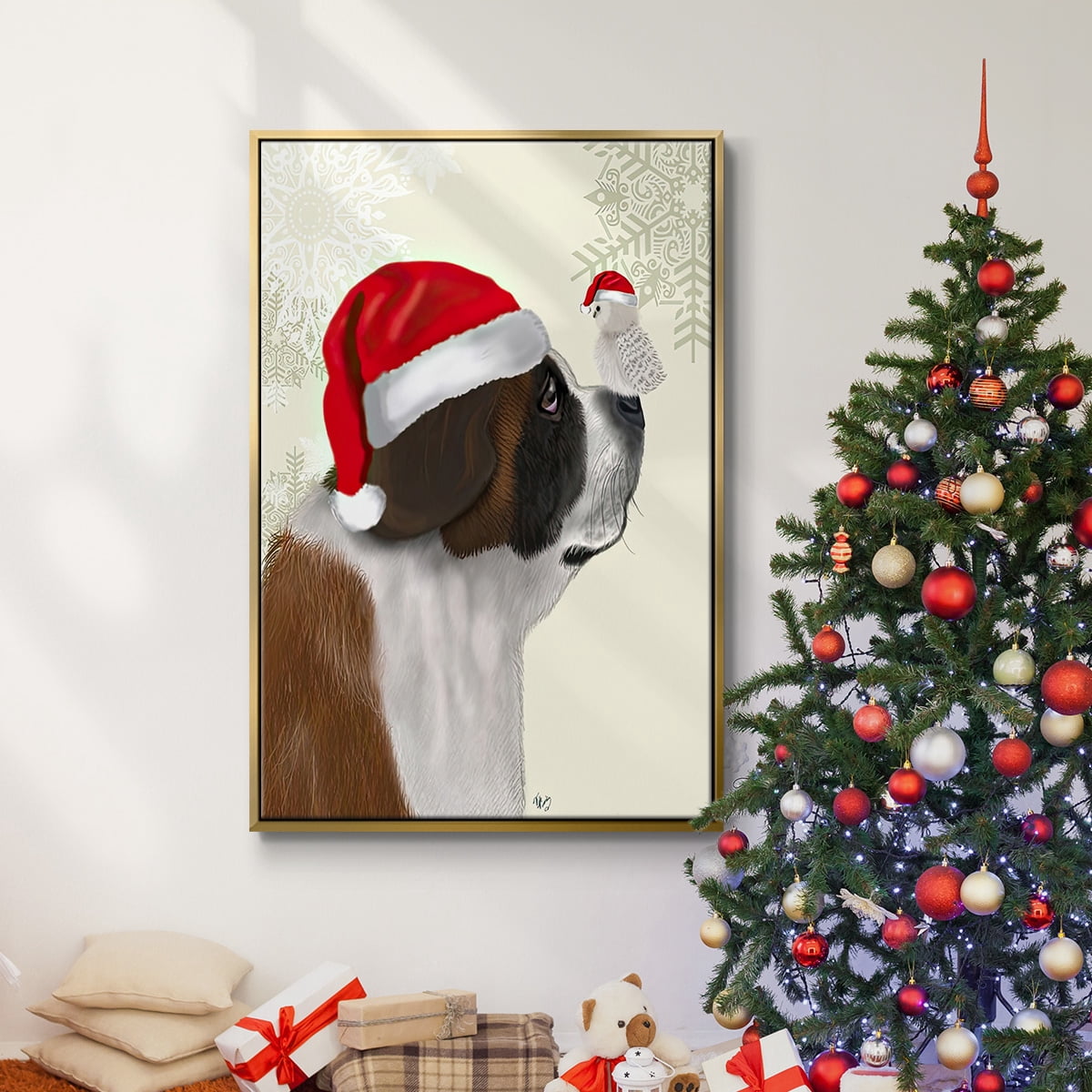 Christmas St Bernard and Fluffy Owl - Framed Gallery Wrapped Holiday Canvas - 25 x 37 - Gold Frame