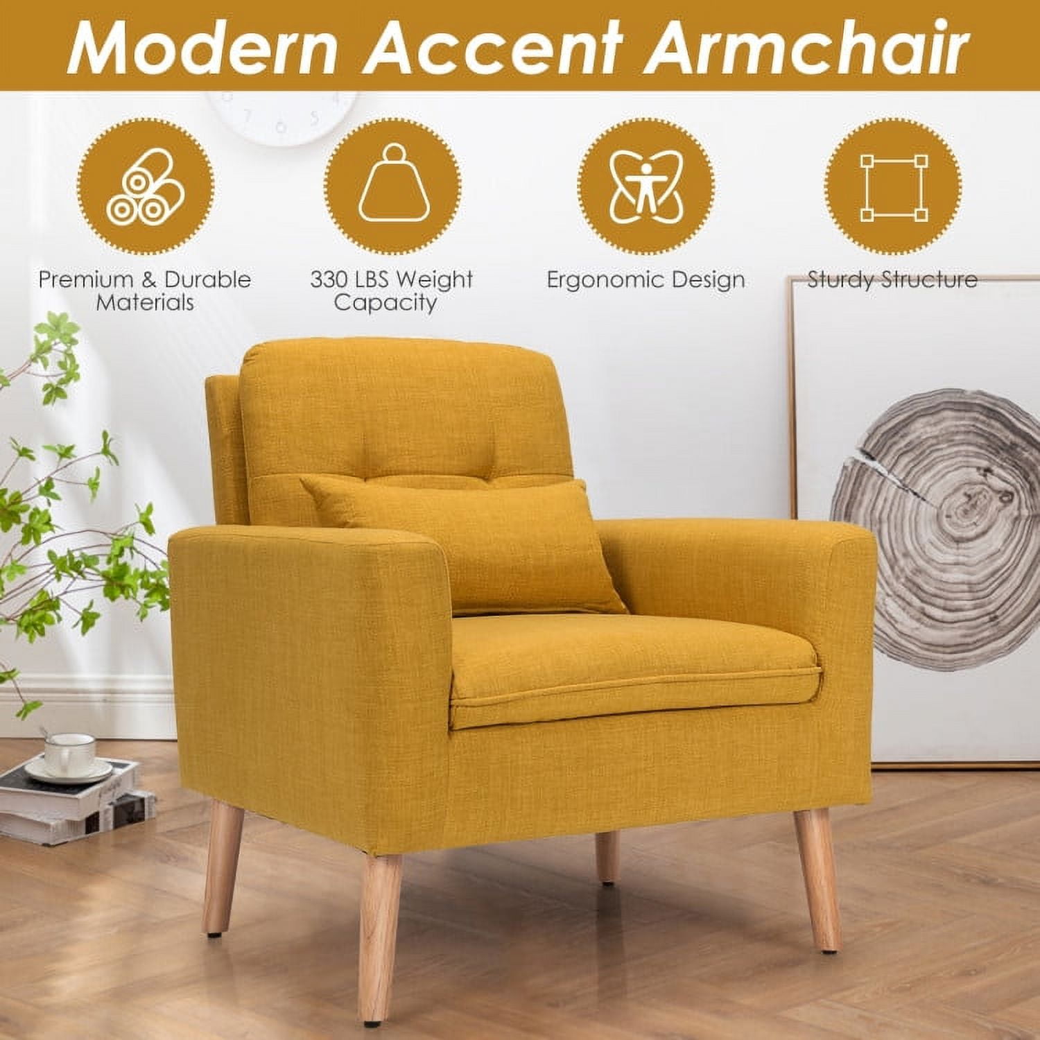 Finihen Upholstered Accent Chair, Modern Comfy Armchair Single Sofa, Linen Fabric Single Sofa Armchair with Waist Pillow, for Living Room, Bedroom, Yellow