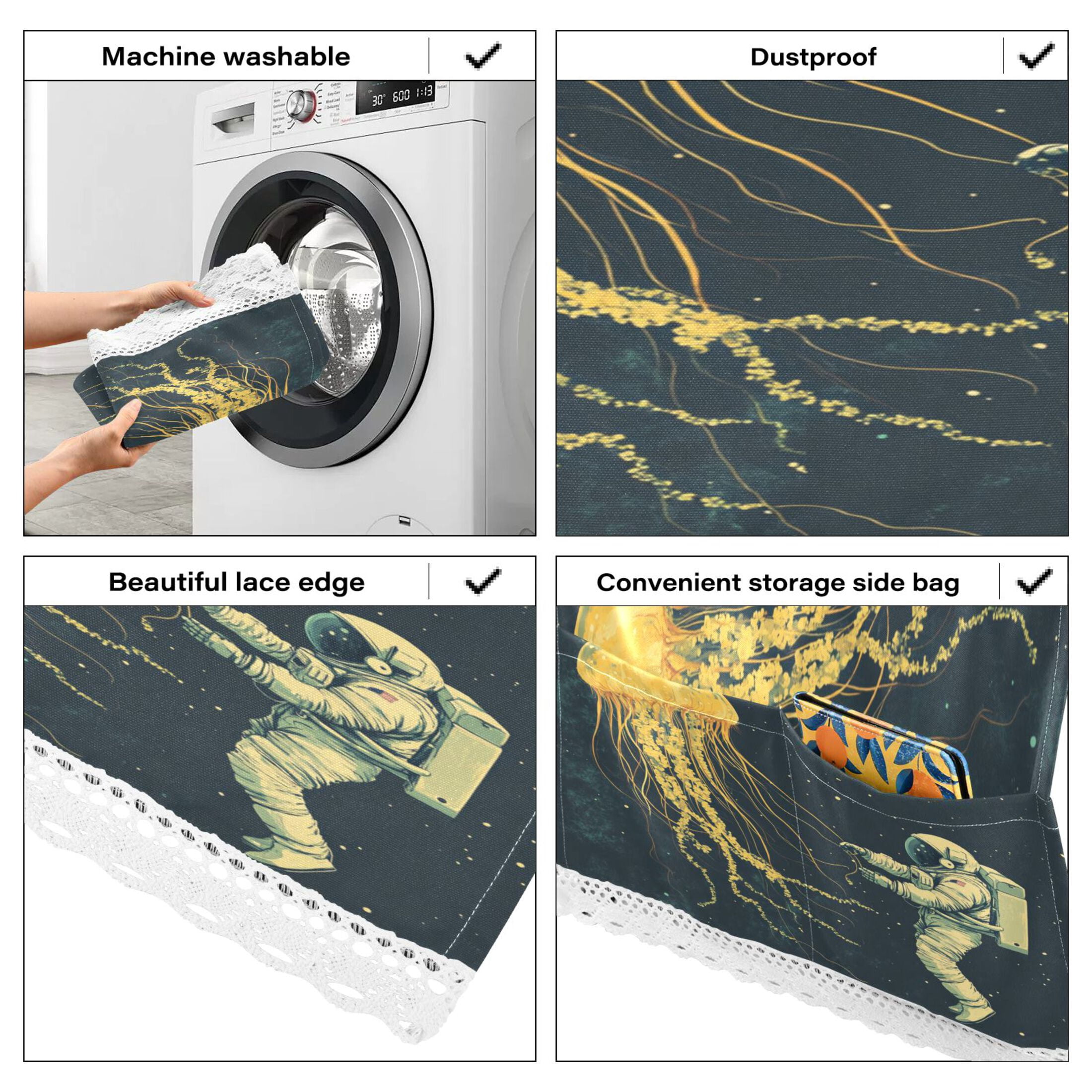 Jellyfish and AstronautWasher and Dryer Covers Dust-Proof and Oil Resistant Fridge Cover with 4 Storage Pockets Washing Machine Top Cover for Laundry Kitchen Home 51.2 x 22 In