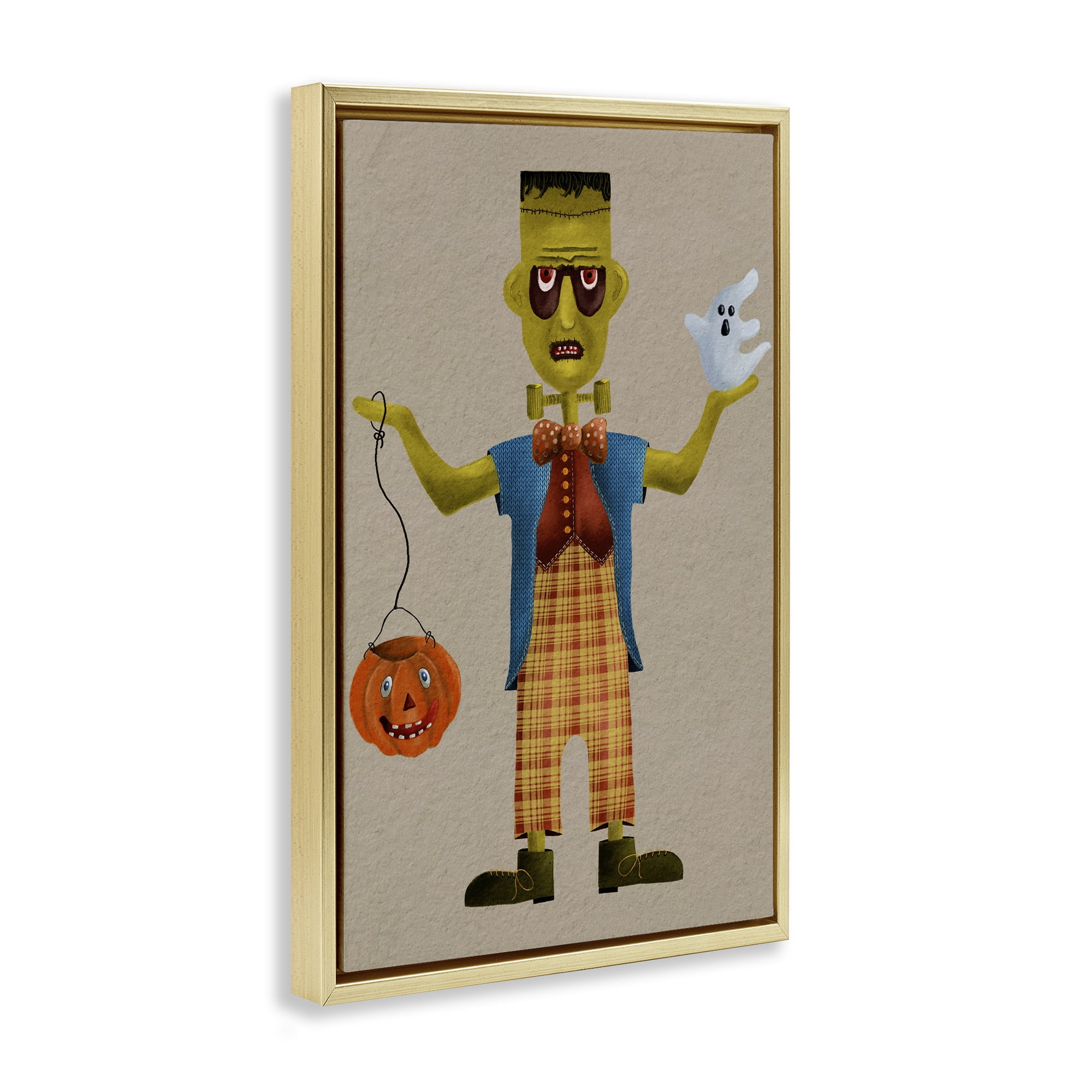 Stupell Industries Halloween Monster & Ghost Holiday Painting Gold Floater Framed Art Print Wall Art, 21 x 31