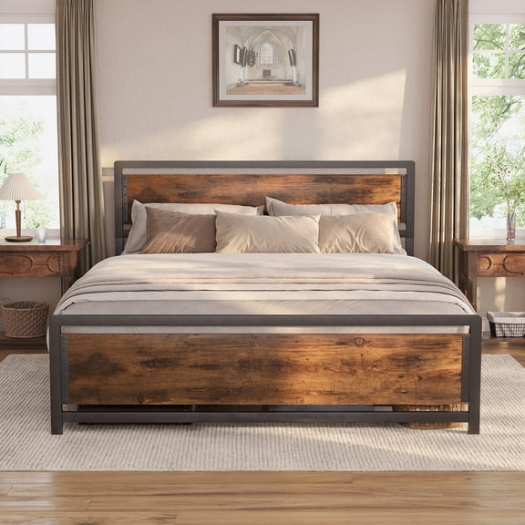 Asofer Queen Metal Platform Bed Frame with Wooden Headboard, Large Underbed Storage, Brown