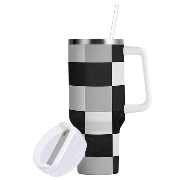 Yayeee 40oz Stainless Steel Tumbler with Straw and Handle Double-Wall Insulated Travel Water Bottle, Black and Gray Plaid Pattern