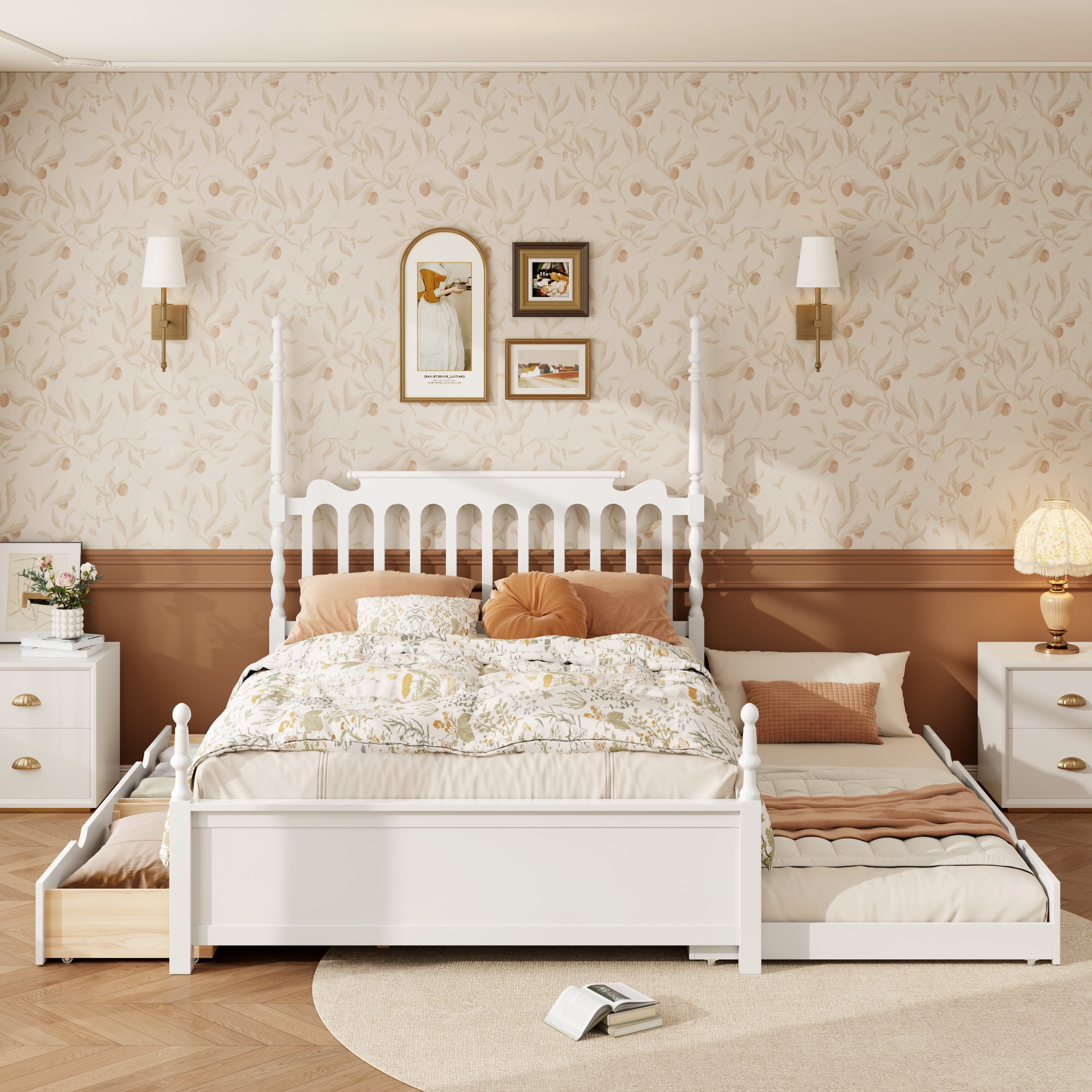Mintazer Queen Size Bed Frame with Twin‑XL Trundle Bed & 2 Storage Drawers, Spindle Headboard Platform Bed for Bedroom, White
