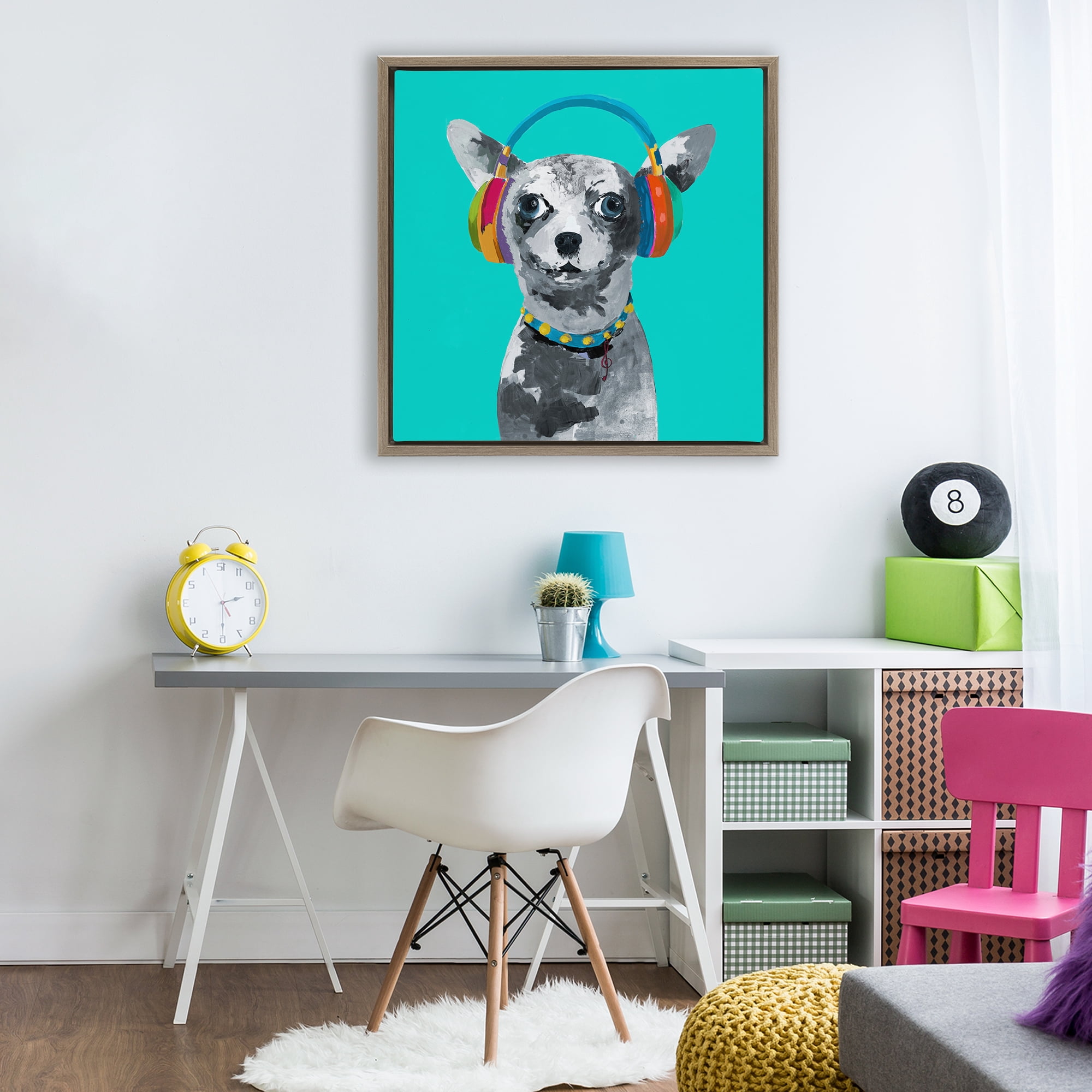 Stupell Industries Jammin' Pup on Blue Brown Framed Floater Canvas Wall Art, design by Lorenzo Collective