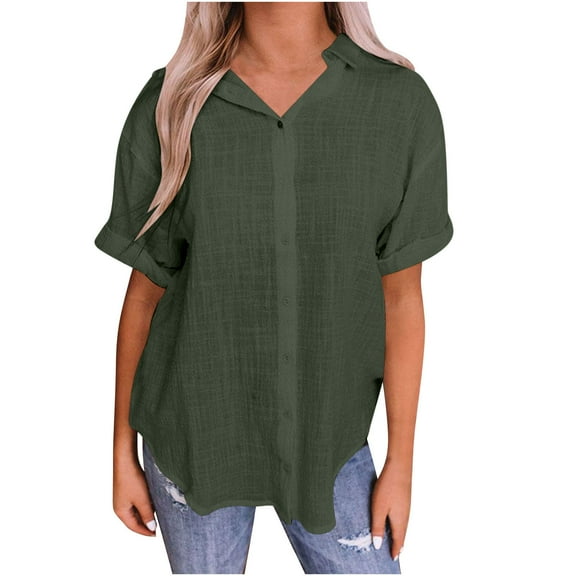 WREESH Women's Linen Button Down Shirt Short Sleeve V Neck Casual Solid Loose Summer Tunic Tops