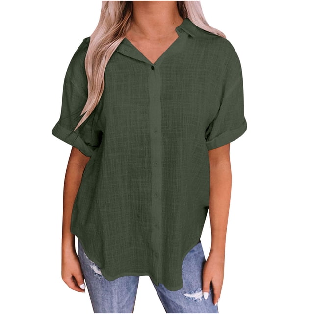 Vestidos Casuales Para Mujer, Blusas De Mujer De Moda Blusa de verano tipo túnica de lino con botones y manga corta y cuello en V para mujer