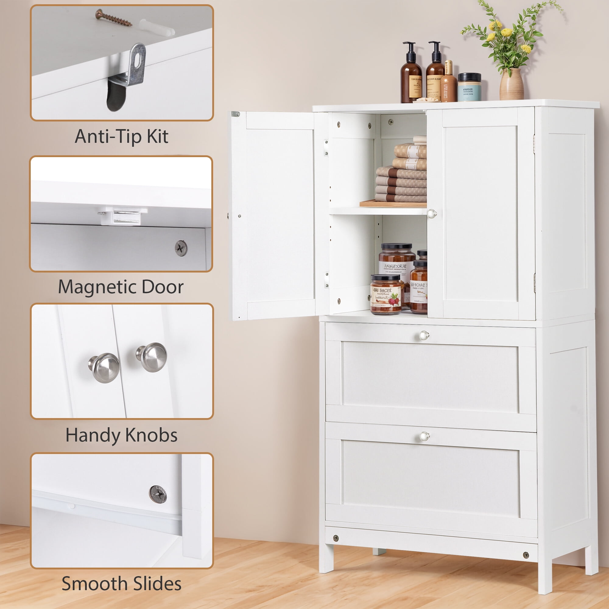 ZENY Bathroom Freestanding Floor Storage Cabinet Storage Unit with 2 Drawers and 2 Doors Adjustable Inner Shelf, White