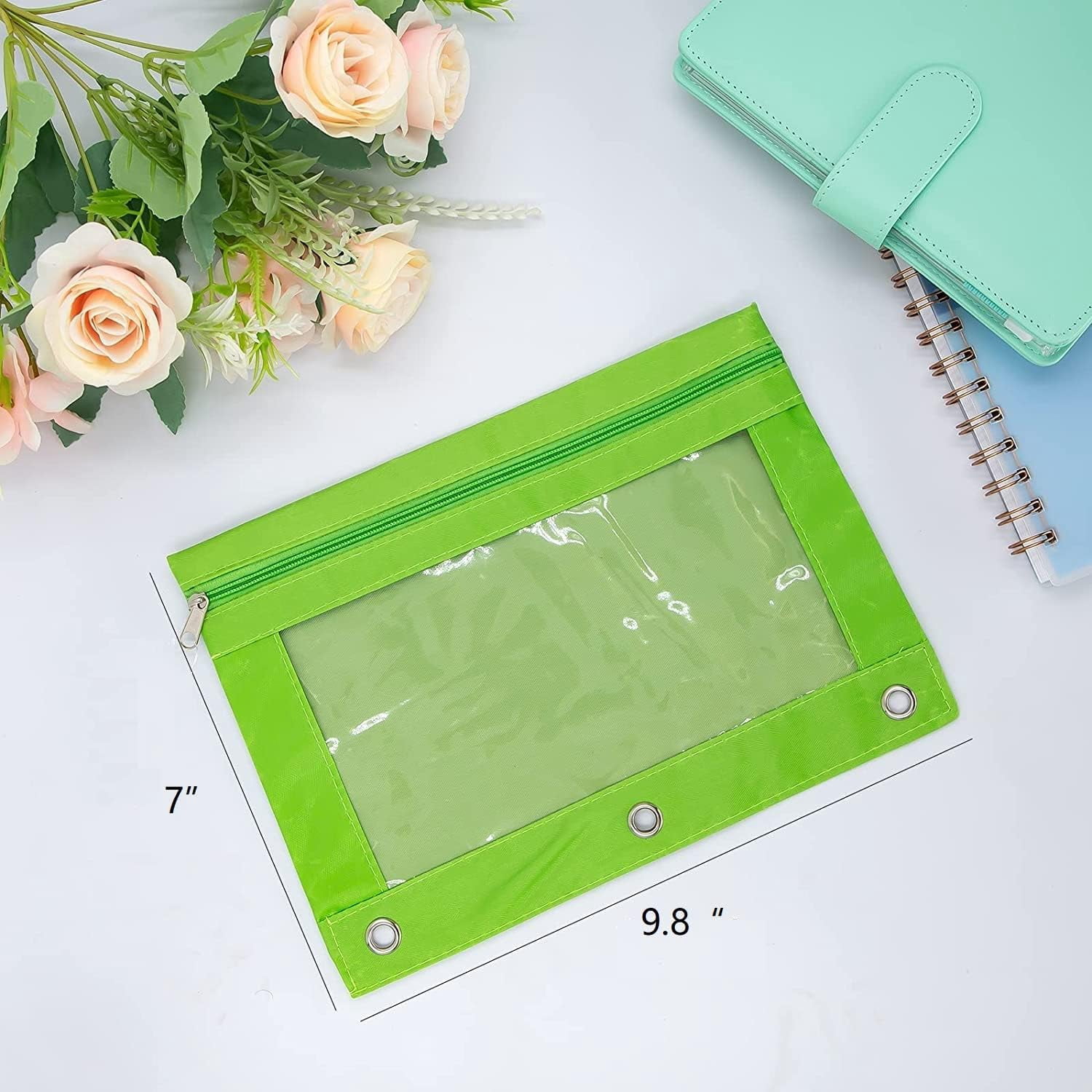 5 Pack Zipper 3-Ring Pencil Cases, Rivet Reinforced Multi Color Stationery Storage Bags for Students