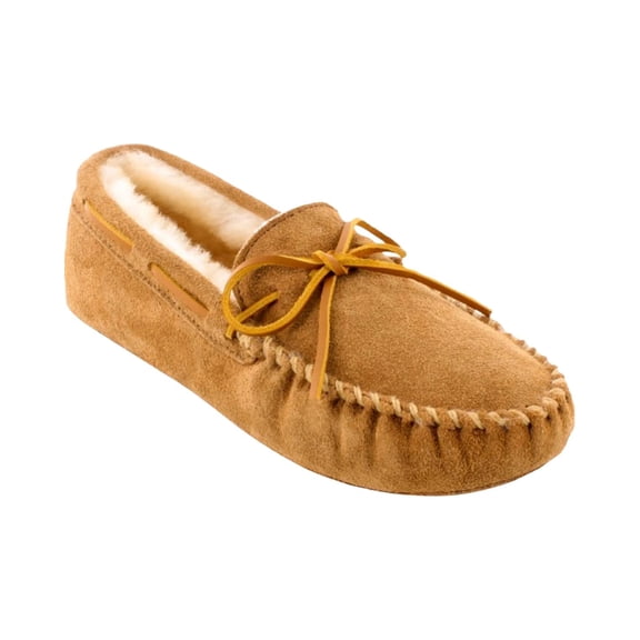 Minnetonka Men's Sheepskin Soft Leather Sole Moccasin Slipper Tan 12 M US