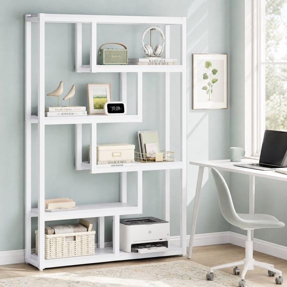 Fnova 69" Modern Etagere Tall Bookcase, 6-Shelf Industrial Bookshelf, Storage Display Staggered Shelves with Sturdy Metal Frame for Home Office, White