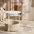 thumbnail image 4 of Nordic Hygge 17.7 in. Round Side Table with Charging Station and Storage Basket, Matte White/Camel Brown, 4 of 9