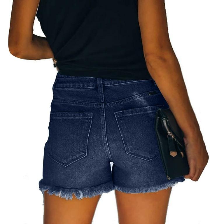 YYDGH Jean Shorts Womens High Waisted Stretchy Two Buttons Frayed Raw Hem  Ripped Denim Shorts Distressed Black S 
