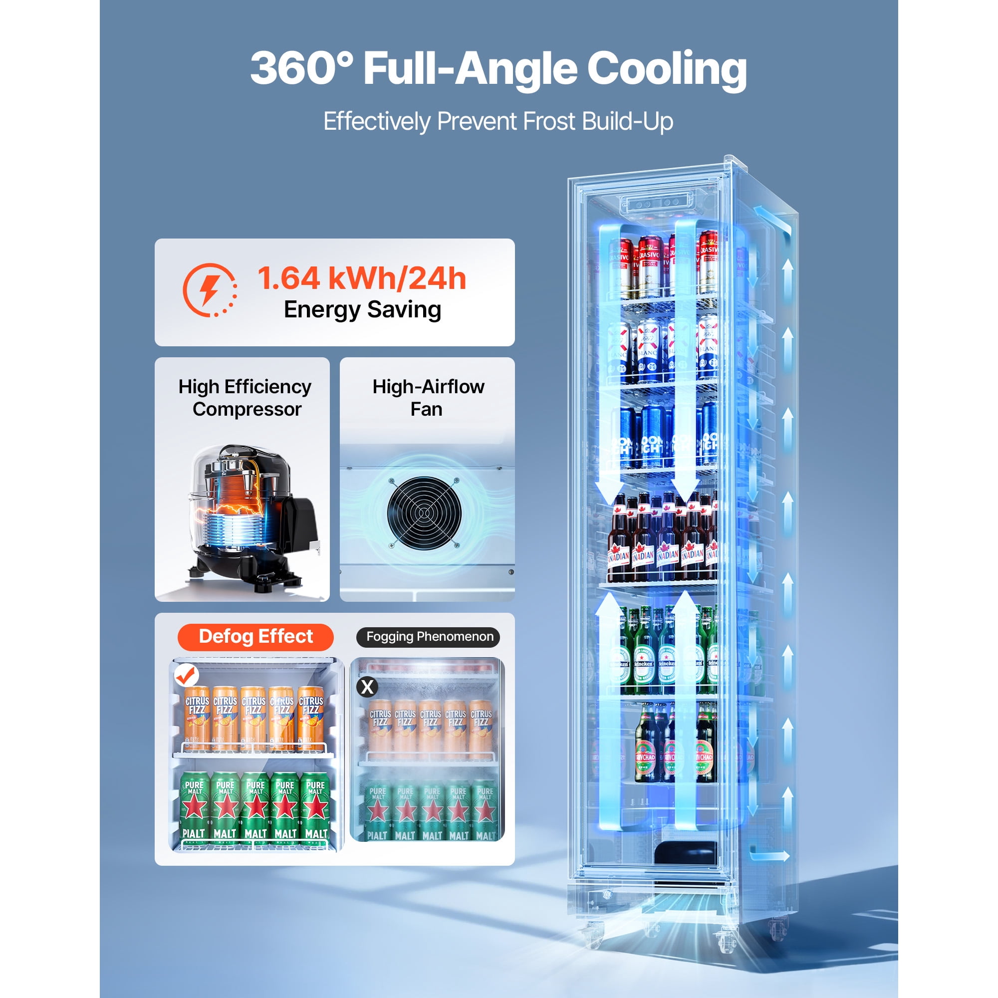 KFFKFF Commercial Glass Door Refrigerator, 8.3 Cu.Ft / 235 L Upright Beverage Cooler with Adjustable Shelves, LED Lighting & Casters for Homes, Shops, and Bars
