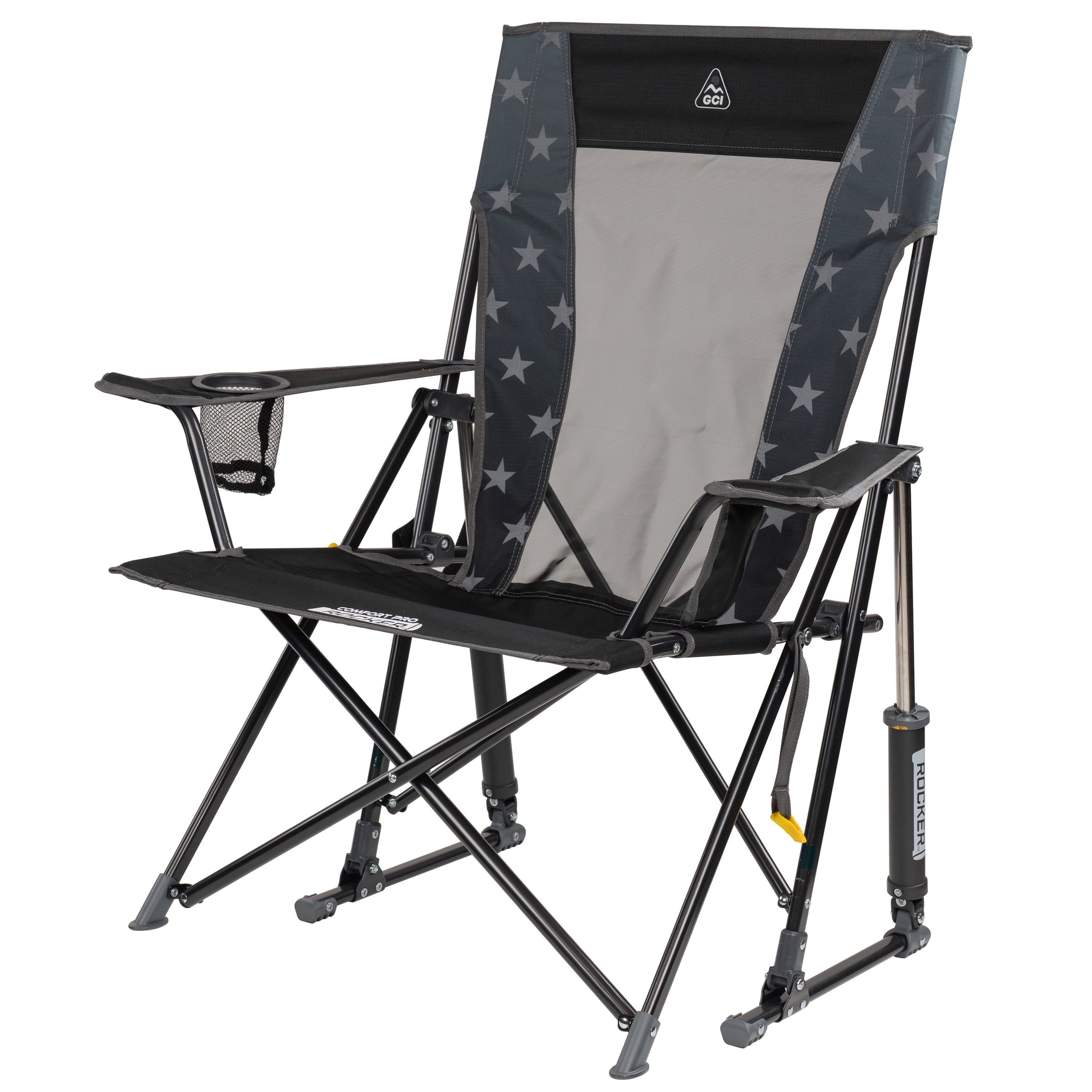 GCI Outdoor Comfort Pro Rocker Foldable Rocking Camp Chair with Mesh Backrest, Americana Greyscale