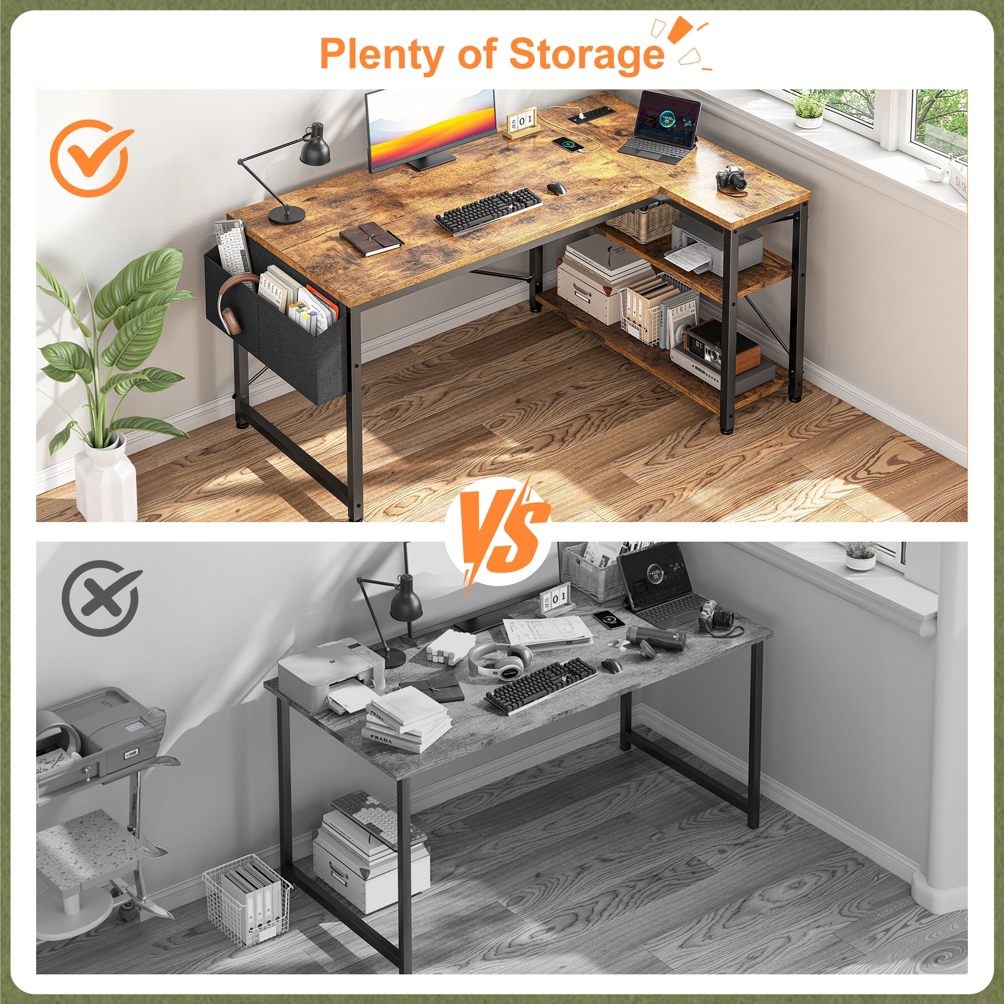 EnHomee L-Shaped Computer Desk with Charging Station, Small Desk with Storage Shelves for Gaming, Writing, Rustic Brown