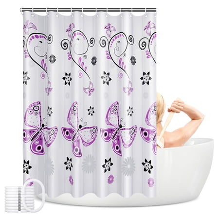 Upgrade Plastic Shower Curtain Liner Waterproof, Printed PEVA Shower Curtain with Design, Rustproof Grommets, Bathtub Curtain for Bathroom (Purple Butterfly, 180 * 180CM)