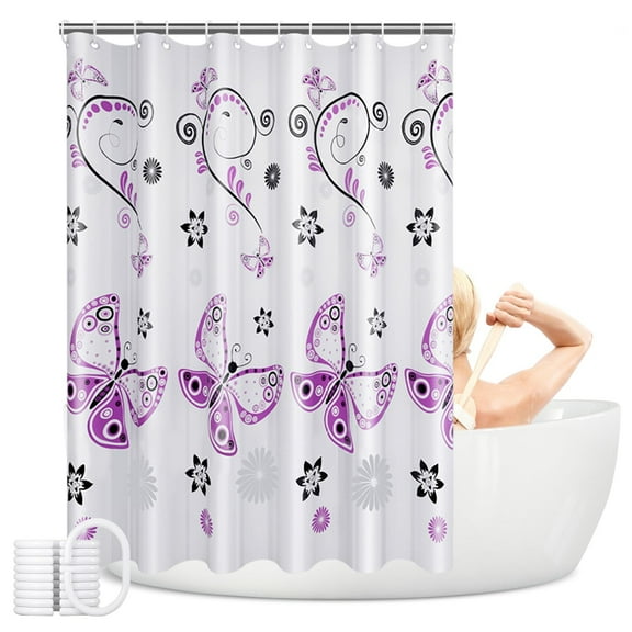 Upgrade Plastic Shower Curtain Liner Waterproof, Printed PEVA Shower Curtain with Design, Rustproof Grommets, Bathtub Curtain for Bathroom (Purple Butterfly, 180 * 180CM)
